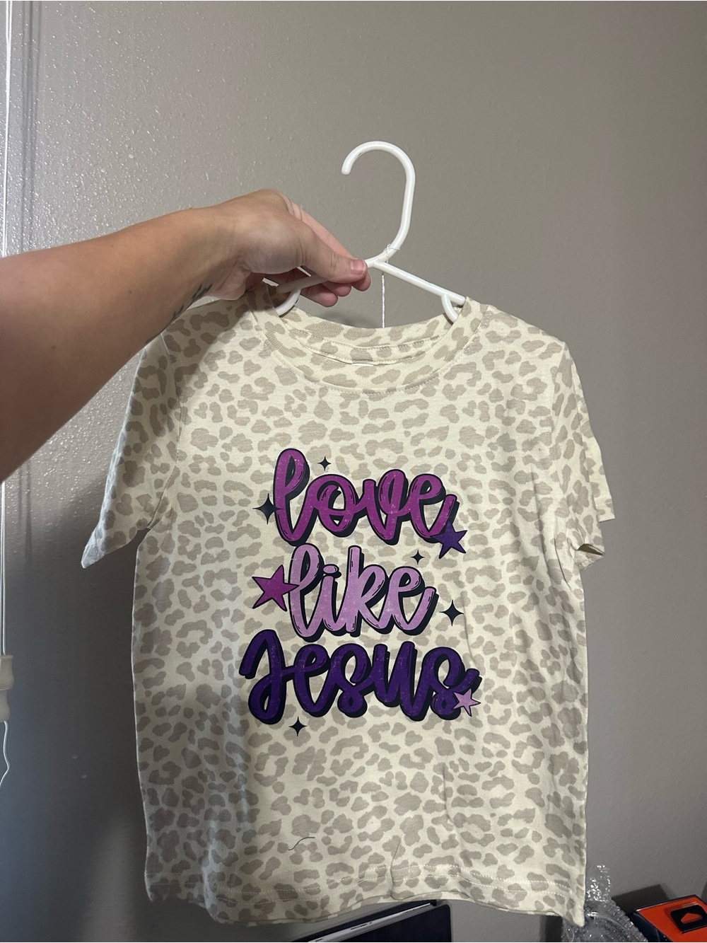 Rabbit Skins Cream Leopard Tee with Purple and Pink 'Love Like Jesus' Graphic